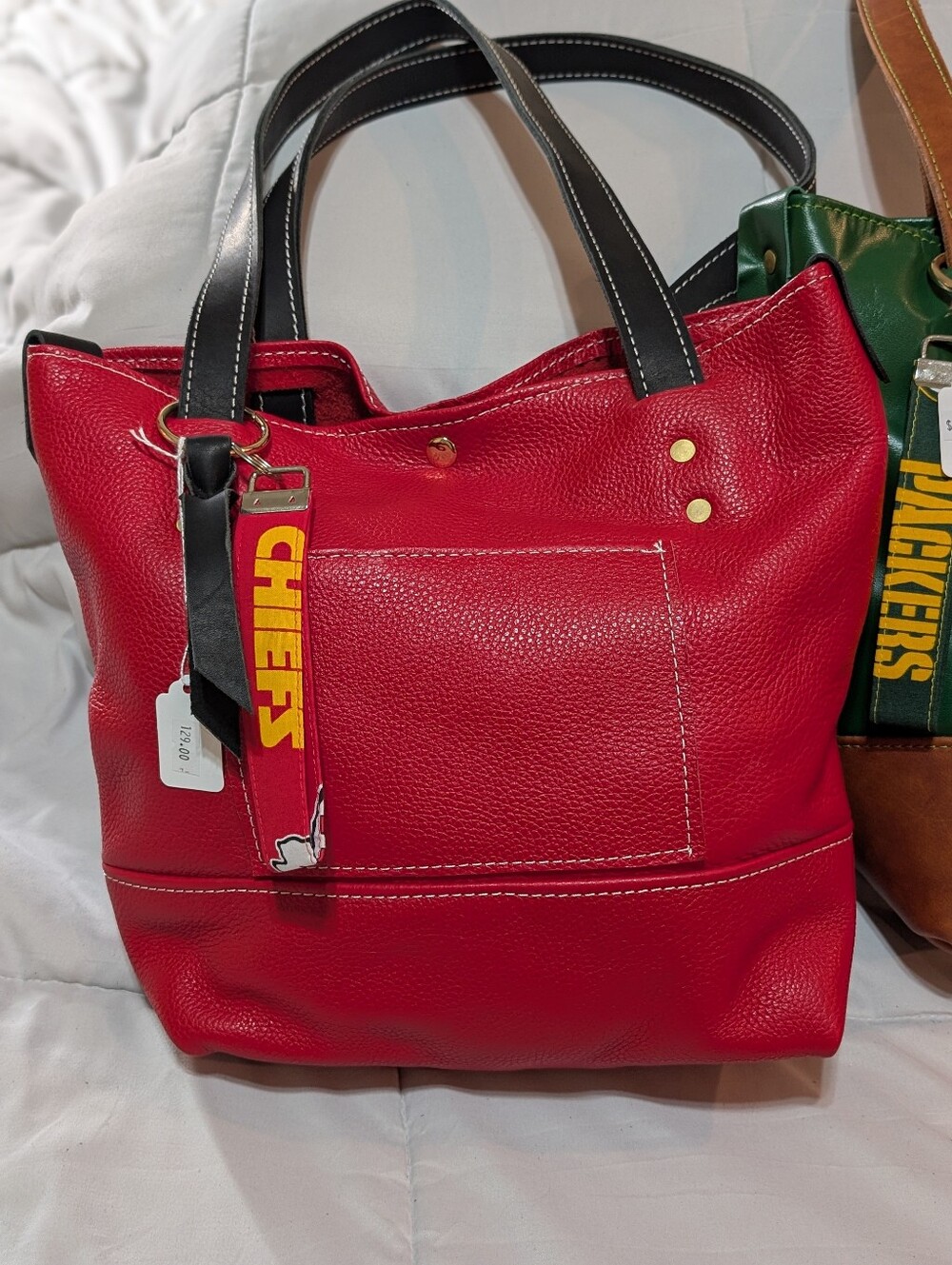 Women’s Red Leather Tote Bag with Chiefs Key Charm